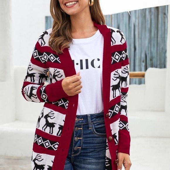 Red Christmas Elk Print Buttoned V Neck Knitted Sweater - Picture 2 of 11